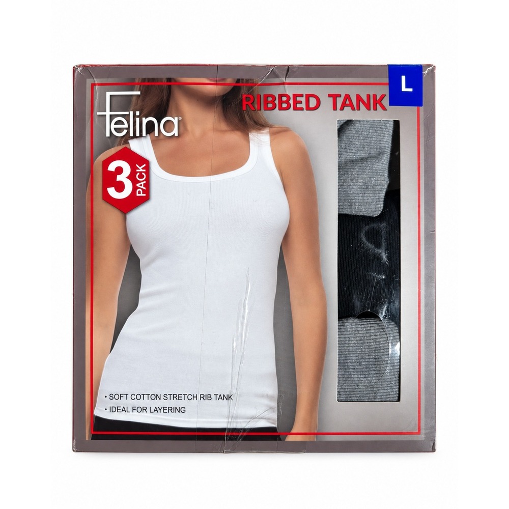 Felina Womens 3 Pack Ribbed Tank Tops C6923 White Black Grey Large L Cotton